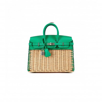 HERMÈS MASTER BIRKIN 25 PICNIC BAG IN MINT GREEN BARENIA LEATHER AND WOVEN WICKER H082668CK23 (25*20*13cm)